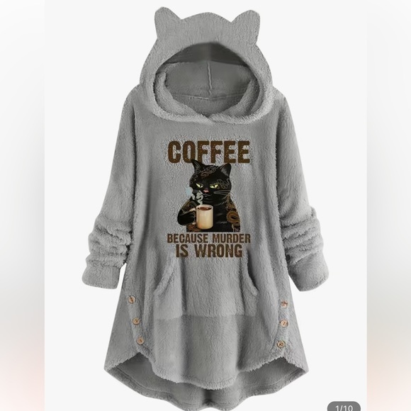 Tops - NWT 🐈‍⬛ GRAY FAUX SHERPA FLEECE HOODED COFFEE KITTY CAT SWEATSHIRT Women’s XL